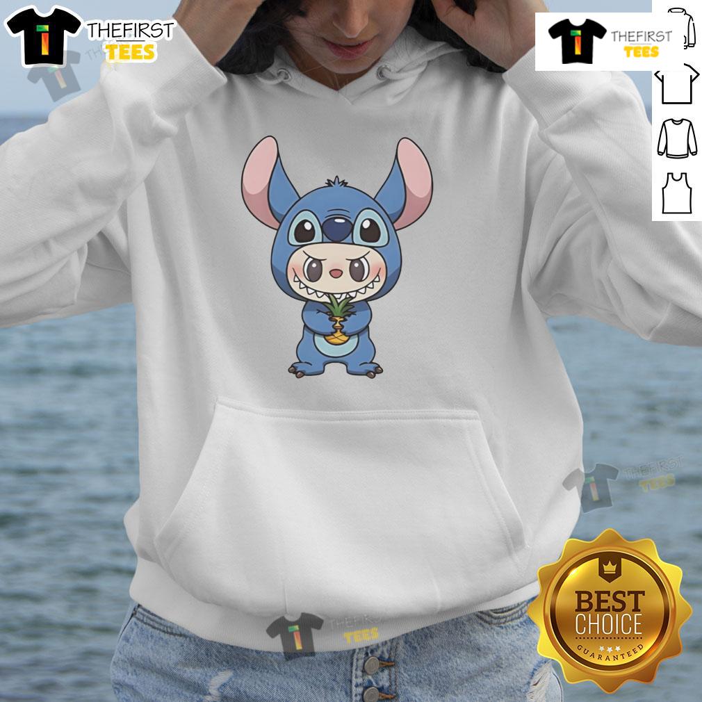 Official Labubu Wearing Lilo And Stitch Costume Holding Pineapple Hoodie Official Labubu in Lilo and Stitch costume, holding a pineapple hoodie, showcasing a fun and vibrant Disney-inspired outfit.