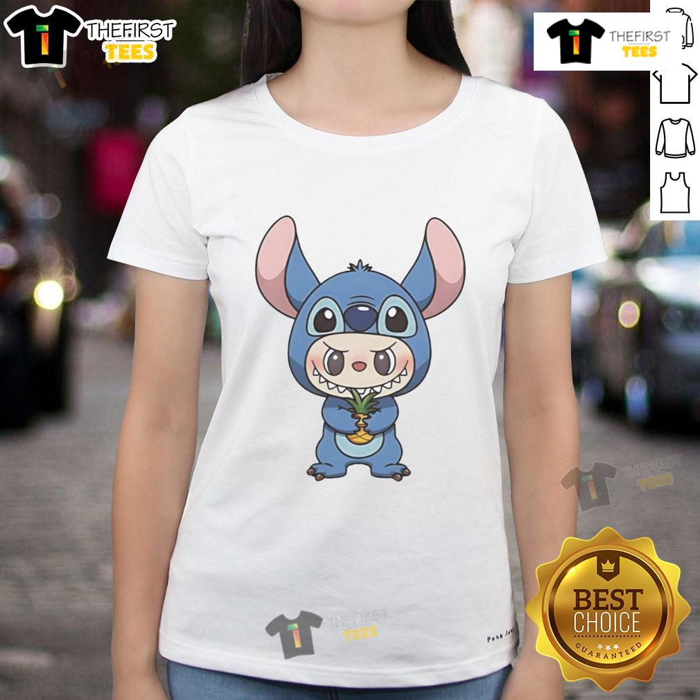 Official Labubu Wearing Lilo And Stitch Costume Holding Pineapple Ladies Tee Official Labubu in Lilo and Stitch costume holding a pineapple, showcasing a fun ladies' tee design for fans.