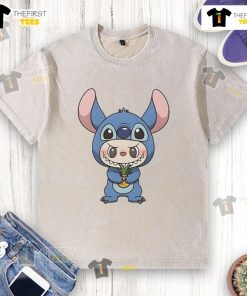 Alt Text: Official Labubu in Lilo and Stitch costume, holding a pineapple, showcasing a washed T-shirt style.