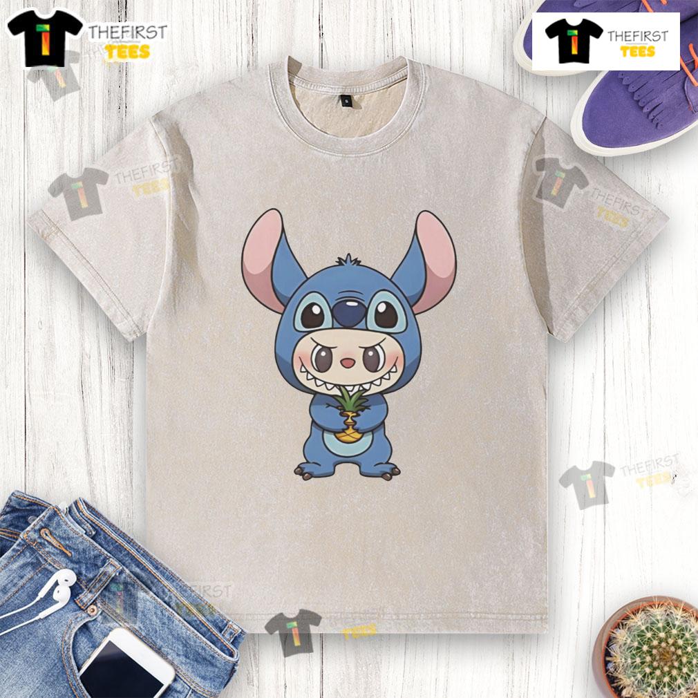 Official Labubu Wearing Lilo And Stitch Costume Holding Pineapple Washed T-Shirt Alt Text: Official Labubu in Lilo and Stitch costume, holding a pineapple, showcasing a washed T-shirt style.