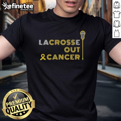 Official Lacrosse Out Cancer Awareness T-Shirt featuring a bold design supporting cancer awareness in lacrosse.