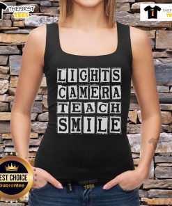 Official Lights Camera Teach Smile Tank Top in vibrant colors, perfect for educators and summer wear.