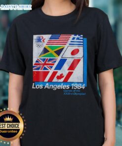 Vintage ladies tee featuring official Los Angeles 1984 Games of the XXIIIrd Olympiad flags design.