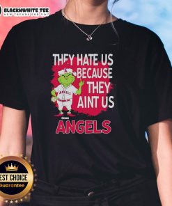 Los Angeles Angels Grinch Christmas tee for women featuring 'They Hate Ain't Us' design, perfect for holiday spirit.