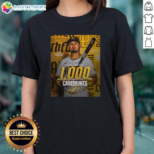 Official Luis Arraez San Diego Padres MLB 1000 Career Hits signature poster on a women's tee, showcasing his milestone.