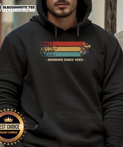 Official Mario Running Since 1985 Retro Gamer Hoodie featuring classic gaming design and vibrant colors for fans.