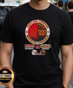 Alt Text: Official Maryland Terrapins and Washington Commanders football helmets graphic on a skyline t-shirt design.