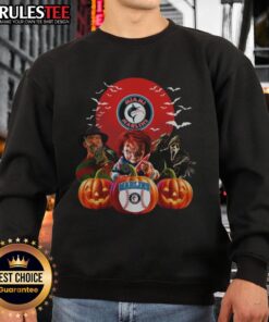Official Miami Marlins MLB horror movie Halloween sweatshirt featuring team logo and spooky design.