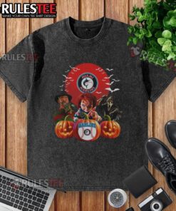 Official Miami Marlins MLB Horror Movie Halloween washed t-shirt featuring team logo and spooky design for fans.