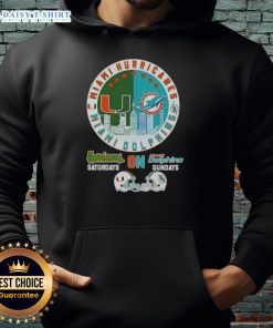 Official Miami Sports Hurricanes hoodie featuring football helmets and skyline for Saturdays and Dolphins Sundays.