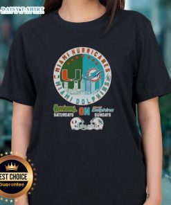 Official Miami Sports Hurricanes Ladies Tee featuring football helmets and skyline design for Saturdays and Sundays.