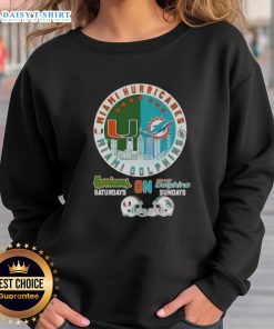 Official Miami Sports Hurricanes sweatshirt featuring football helmets and skyline for Saturdays and Sundays.