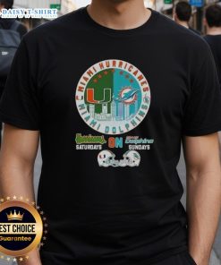 Miami Sports Hurricanes and Dolphins football helmets graphic on a skyline t-shirt for game day excitement.
