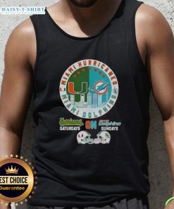 Alt Text: Miami Sports Hurricanes tank top featuring football helmets and skyline design for Saturdays and Dolphins Sundays.