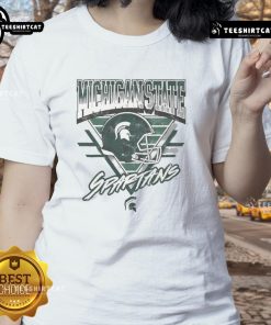 Alt Text: Vintage ladies tee featuring the official Michigan State Spartans triangle logo, perfect for fans and casual wear.