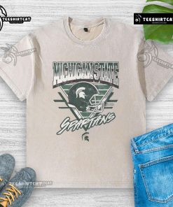 Alt Text: Vintage washed T-shirt featuring the official Michigan State Spartans triangle logo in green and white.