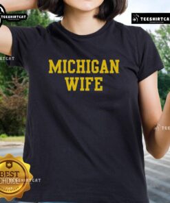 Official Michigan Wife Ladies Tee in navy blue, featuring stylish script design, perfect for showcasing Michigan pride.