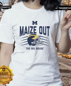 Official Michigan Wolverines Maize Out The Big House Scratch Helmet ladies tee, showcasing team spirit and style.