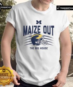 Alt Text: Official Michigan Wolverines Maize Out Scratch Helmet T-Shirt featuring iconic team colors and logo for game day.