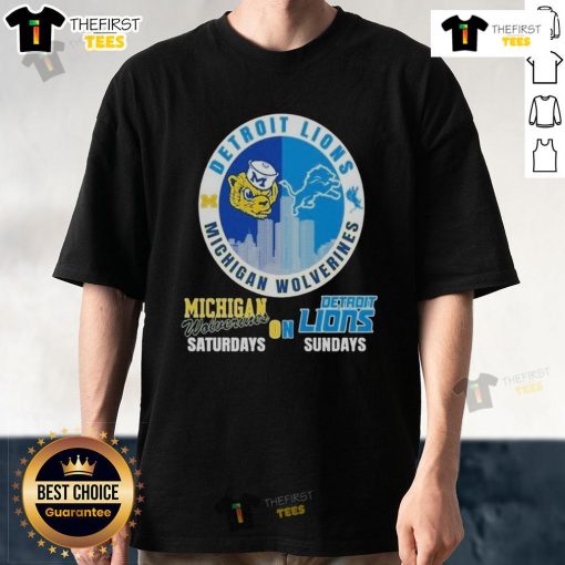 Alt Text: Official Michigan Wolverines and Detroit Lions 2025 NFL T-Shirt for fans, showcasing team pride every Saturday and Sunday.