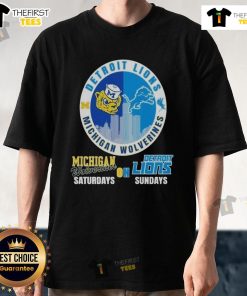 Alt Text: Official Michigan Wolverines and Detroit Lions 2025 NFL T-Shirt for fans, showcasing team pride every Saturday and Sunday.