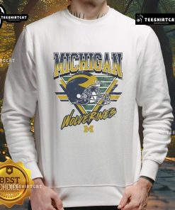 Alt Text: Vintage Michigan Wolverines triangle sweatshirt featuring team colors and logo, perfect for fans and casual wear.