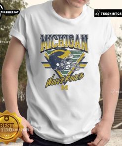 Official Michigan Wolverines Triangle Vintage T-Shirt featuring classic logo and retro design in navy and maize colors.