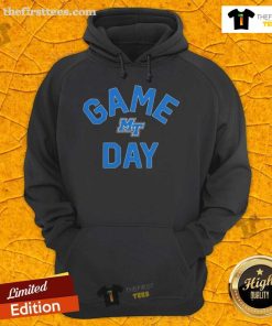 Official Middle Tennessee Blue Raiders game day logo on a college hoodie, perfect for fans and game day attire.