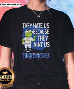 Official Milwaukee Brewers Grinch Christmas 'They Hate Us Ain't Us' Ladies Tee featuring festive design and team logo.