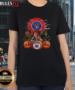 Official Milwaukee Brewers MLB horror movie Halloween ladies tee featuring spooky graphics for baseball fans.