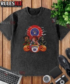 Official Milwaukee Brewers MLB Horror Movie Halloween Washed T-Shirt featuring spooky graphics and team logo.