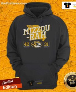 Official Missouri Tigers hoodie celebrating victory over Kansas Jayhawks 2025 with score graphics.
