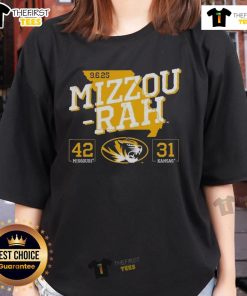 Official Missouri Tigers beat Kansas Jayhawks 2025 score on a ladies tee shirt, showcasing team pride and sporty style.