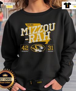 Official Missouri Tigers beat Kansas Jayhawks 2025 score sweatshirt featuring team colors and logo.
