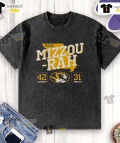 Official Missouri Tigers beat Kansas Jayhawks 2025 score washed t-shirt showcasing team pride and victory.