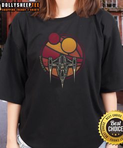 Official N-1 WZRD Twin Suns Starfighter retro sci-fi spaceship design on ladies tee, perfect for fans of vintage space art.