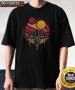 Alt Text: Official N-1 Wzrd Twin Suns Starfighter T-Shirt featuring a retro sci-fi spaceship design for space enthusiasts.