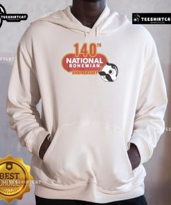 Alt Text: Official National Bohemian 140th Anniversary Logo Hoodie featuring a vintage design and celebratory colors.