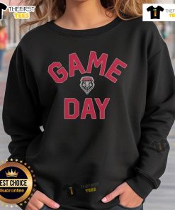 Alt Text: Official New Mexico Lobos Game Day Logo on a college sweatshirt, showcasing team spirit and school pride.