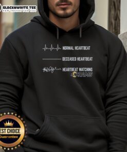 Official Los Angeles Rams hoodie featuring normal and deceased heartbeat graphics, perfect for fans and collectors.