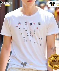 Official North American Sports Team Logos T-Shirt featuring NFL, NBA, MLB, and NHL designs for fans.