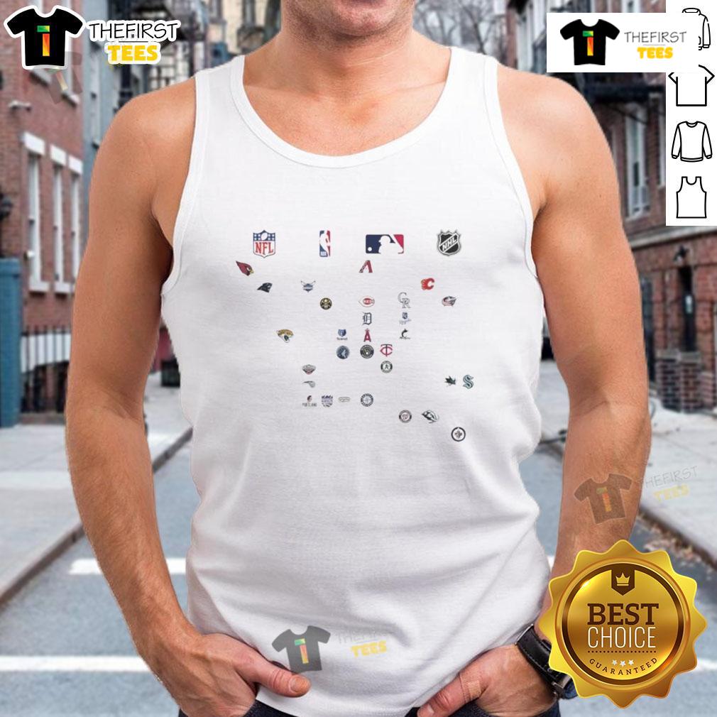 Official North American Sports Team Logos Nfl Nba Mlb Nhl Tank Top Official North American sports team logos on a stylish tank top featuring NFL, NBA, MLB, and NHL designs.