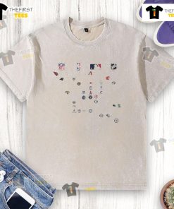Official North American sports team logos on a washed t-shirt featuring NFL, NBA, MLB, and NHL designs.