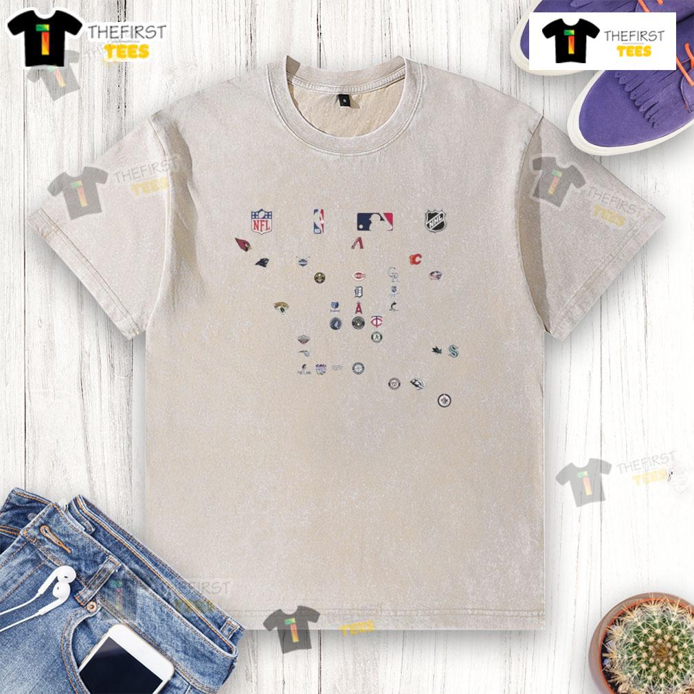 Official North American Sports Team Logos Nfl Nba Mlb Nhl Washed T Shirt Official North American sports team logos on a washed t-shirt featuring NFL, NBA, MLB, and NHL designs.