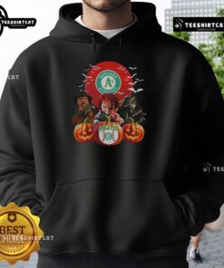 Official Oakland Athletics MLB Horror Movie Halloween Hoodie featuring spooky graphics and team logo for fans.