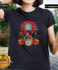 Official Oakland Athletics MLB Horror Movie Halloween Ladies Tee featuring spooky graphics and team logo for Halloween fun.