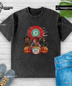 Official Oakland Athletics MLB Horror Movie Halloween washed t-shirt featuring spooky graphics and team logo.
