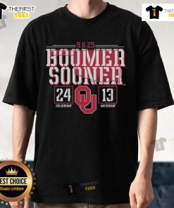 Official Oklahoma Sooners Beat Michigan Wolverines 2025 Score T-Shirt featuring team logos and victory score design.