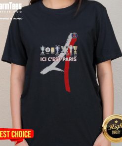 Alt Text: Official Paris Saint-Germain Football ICI C'est Paris trophy ladies tee showcasing team pride and stylish design.
