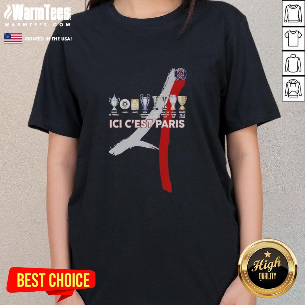 Official Paris Saint Germain Football Ici C'Est Paris Trophy Ladies Tee Alt Text: Official Paris Saint-Germain Football ICI C'est Paris trophy ladies tee showcasing team pride and stylish design.